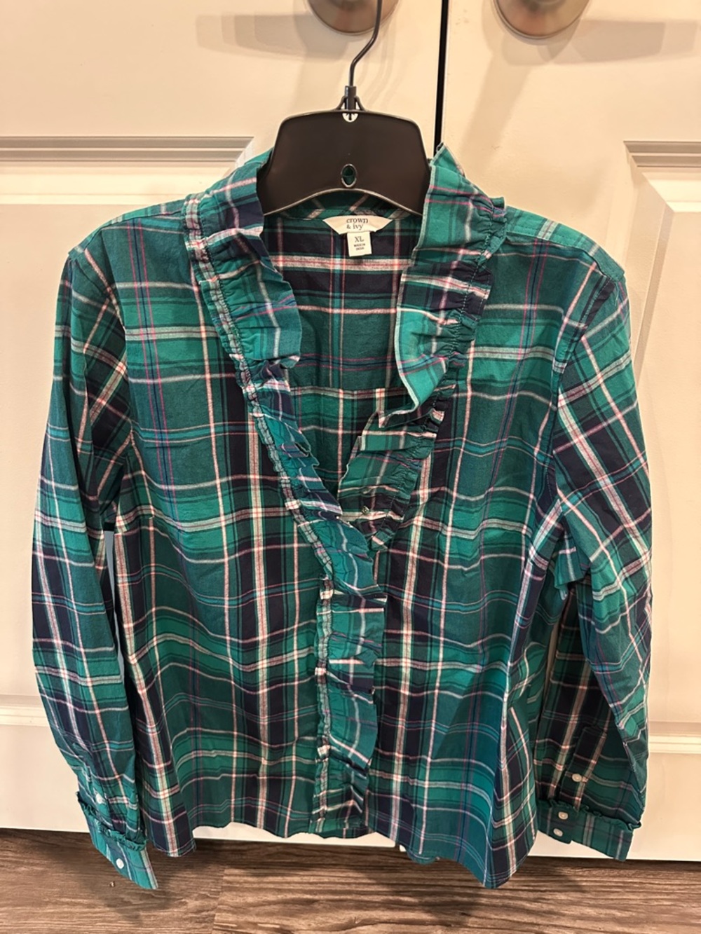 crown & ivy Teal and Navy Plaid Ruffle Button-Down Shirt